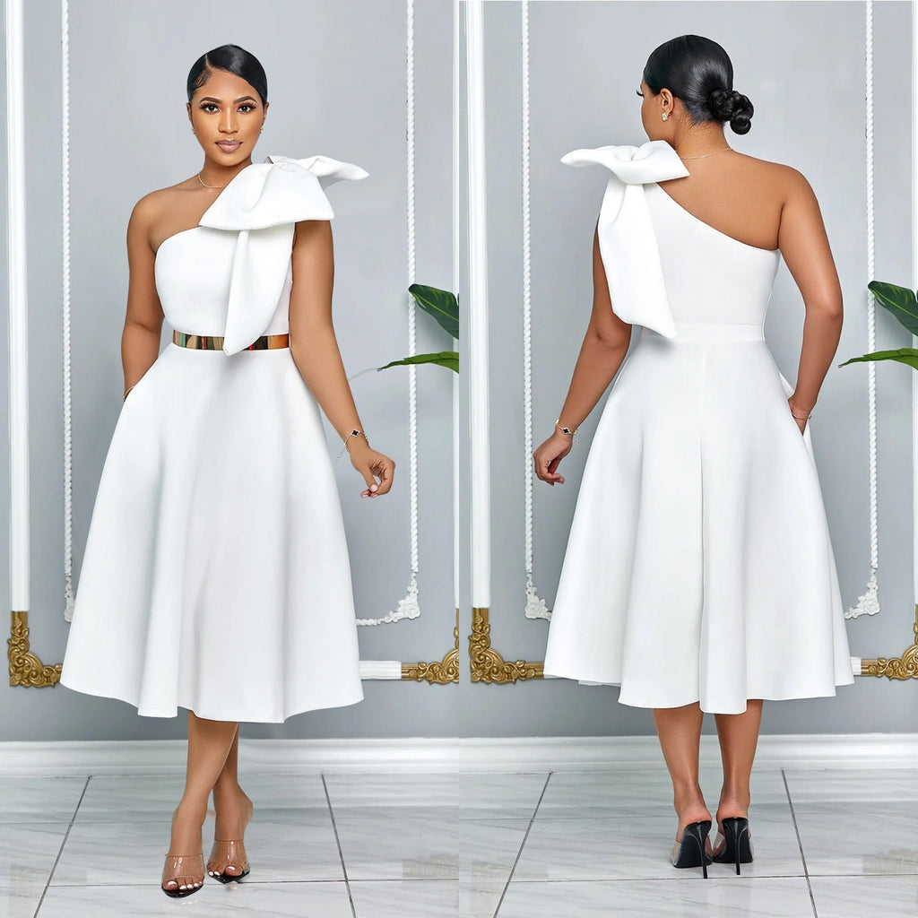 Cross Women's Fashion Solid Color Bow Splicing Sexy Single Shoulder Slant Collar Dress Dress - CHRISTDEST GLOBAL SERVICE