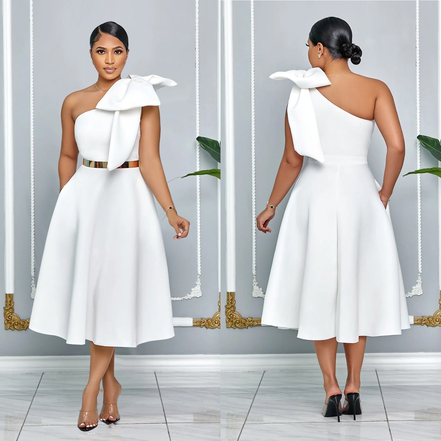 Cross Women's Fashion Solid Color Bow Splicing Sexy Single Shoulder Slant Collar Dress Dress - CHRISTDEST GLOBAL SERVICE
