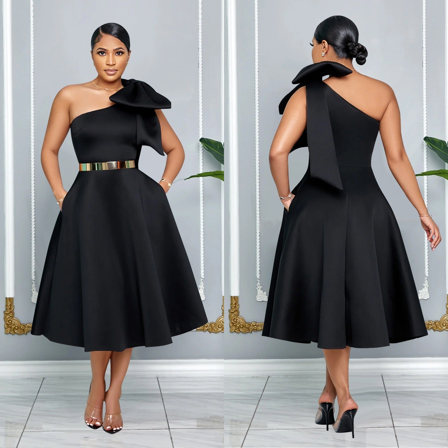 Cross Women's Fashion Solid Color Bow Splicing Sexy Single Shoulder Slant Collar Dress Dress - CHRISTDEST GLOBAL SERVICE
