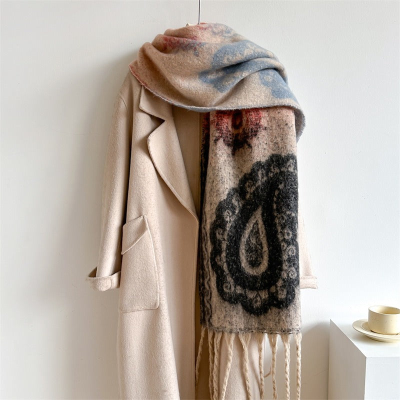 Retro Cashew Scarf Women's Imitation Cashmere Thick Neck Tassel Extended Shawl