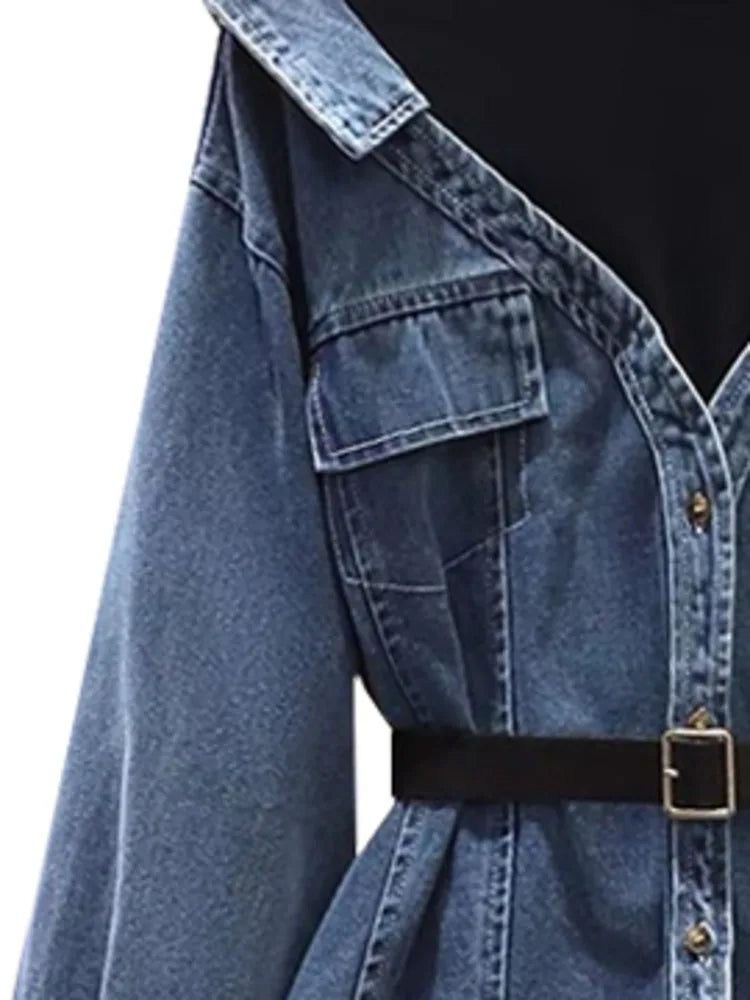 Fashion Women's Fake 2 Pcs Denim Coat Belt Lapel Patchwoek Contrast Color Pockets Slim Jackets Autumn