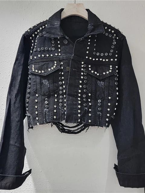 Women's Denim Coat Embroidered Flares Broken Holes Rivets Single Breasted Short Jackets Autumn New Fashion
