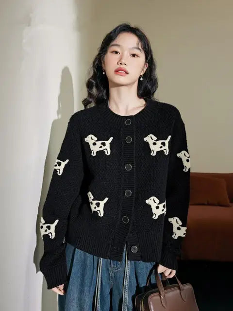 Black Dog Knit Sweater Cardigan Women Autumn Winter Long Sleeve O-neck Knitwear Tops Fashion Stylish Chic Ladies Jumpers Mujer