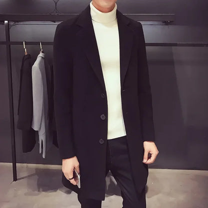 Men's coat, medium long windbreaker, winter slim fit woolen coat, teenage student thick woolen coat