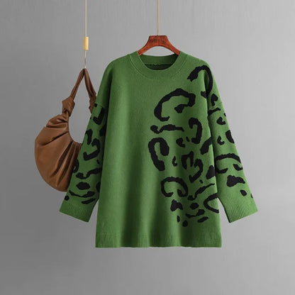 Knitted Jacquard Leopard Patchwork Sweater O-Neck Pullover Long Sleeve Mid-Length Knitwear Autumn/Winter Woman Clothing