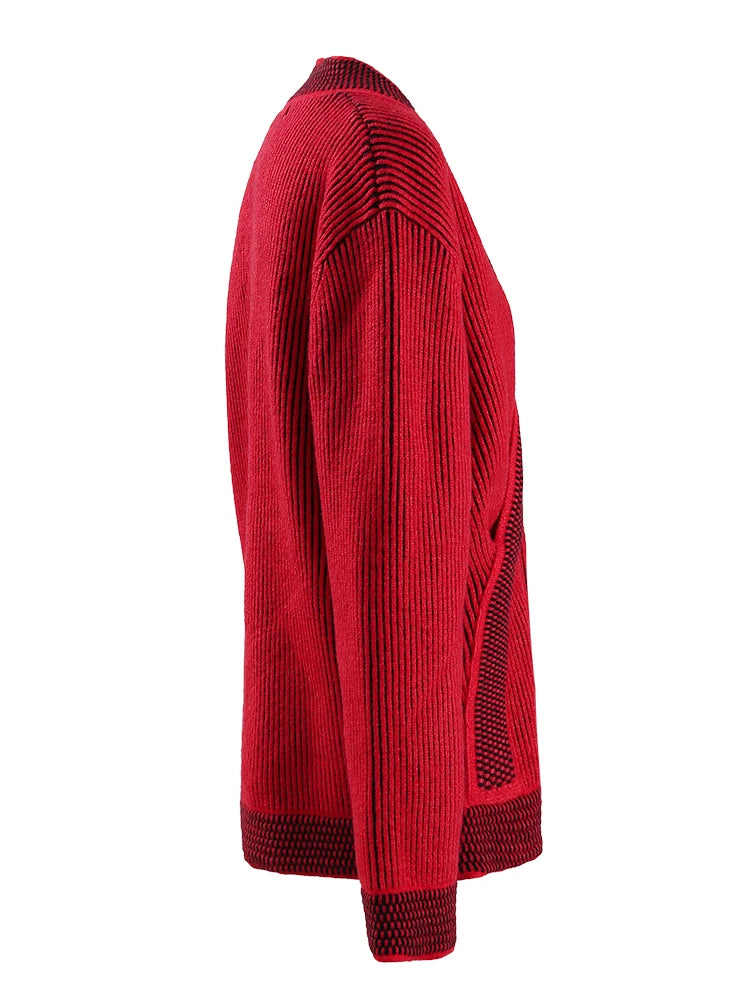 Fashion Women's Sweater V-neck Long Sleeves Contrast Colot Loose Red No Placket Casual Cardigan