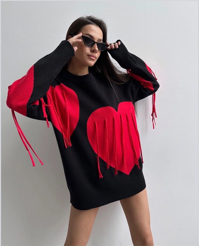 Love tassel autumn and winter sweater women's new round neck fashionable pullover top knitted sweater