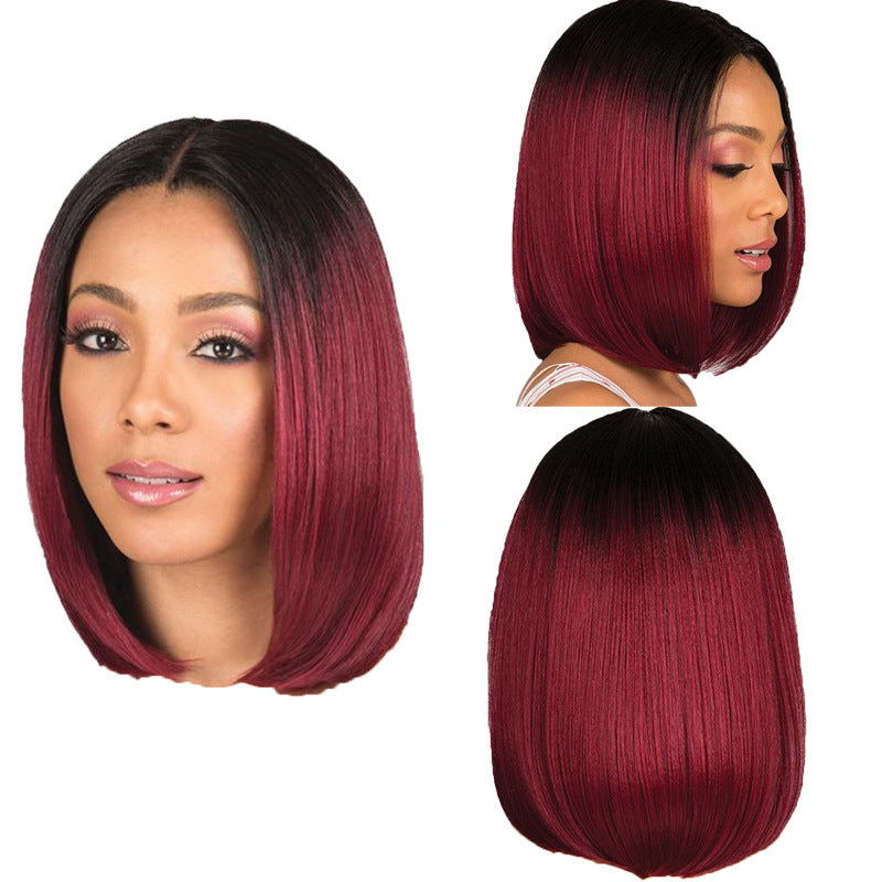 Dyeing mid-point wig female black gradient wine red bobo head - CHRISTDEST GLOBAL SERVICE