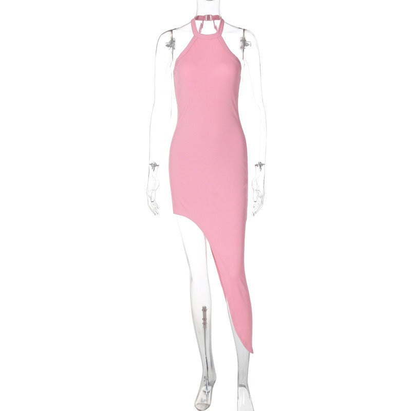 Fashionable and sexy backless split neck sleeveless dress with hanging neck