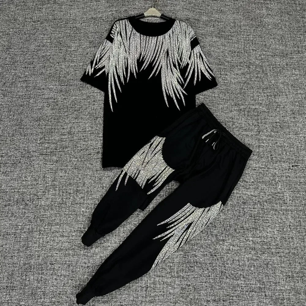 Luxury Women Cotton Blended Diamonds Beaded T-Shirts Rhinestones Tees + Drawstring Beading Pants Drilling Trousers 2pcs Set