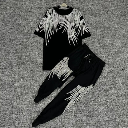 Luxury Women Cotton Blended Diamonds Beaded T-Shirts Rhinestones Tees + Drawstring Beading Pants Drilling Trousers 2pcs Set