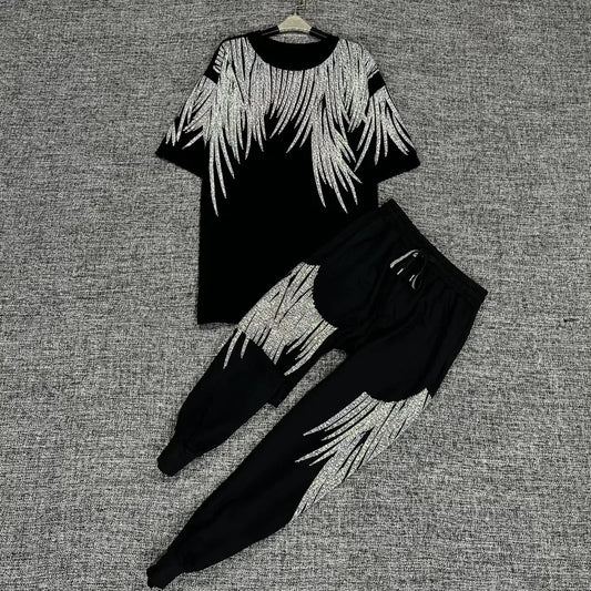 Luxury Women Cotton Blended Diamonds Beaded T-Shirts Rhinestones Tees + Drawstring Beading Pants Drilling Trousers 2pcs Set