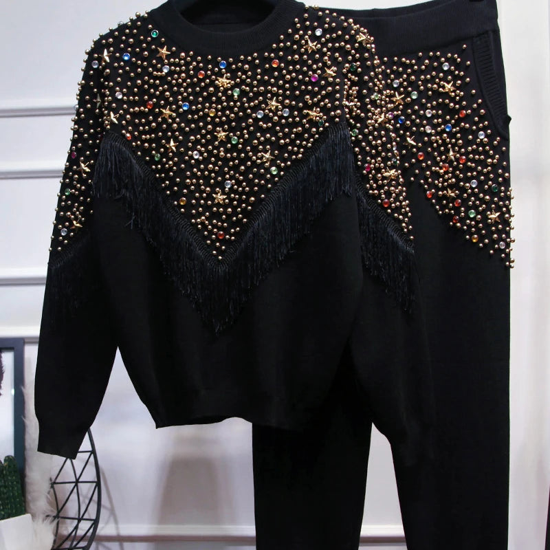 Luxury Rhinestones Knit T-Shirts Pearls Beaded Sweater Pullovers Fringed Knitwear Tees Jumpers Tops + Wide Legs Pants 2pcs Set