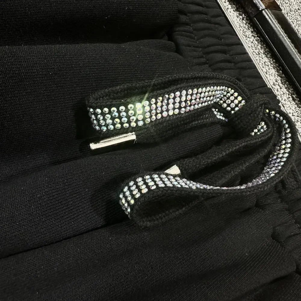Luxury Women Cotton Blended Diamonds Beaded T-Shirts Rhinestones Tees + Drawstring Beading Pants Drilling Trousers 2pcs Set