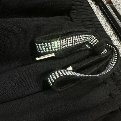 Luxury Women Cotton Blended Diamonds Beaded T-Shirts Rhinestones Tees + Drawstring Beading Pants Drilling Trousers 2pcs Set