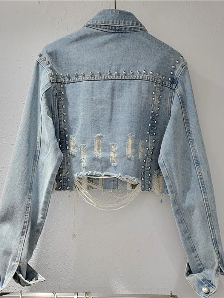 Women's Denim Coat Embroidered Flares Broken Holes Rivets Single Breasted Short Jackets Autumn New Fashion