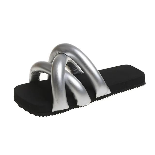 Brand Designer Slippers Summer New Flat Slippers Non-slip Fashion Silver Flip-flop Slides Beach Black Platform Open-toe Sandals