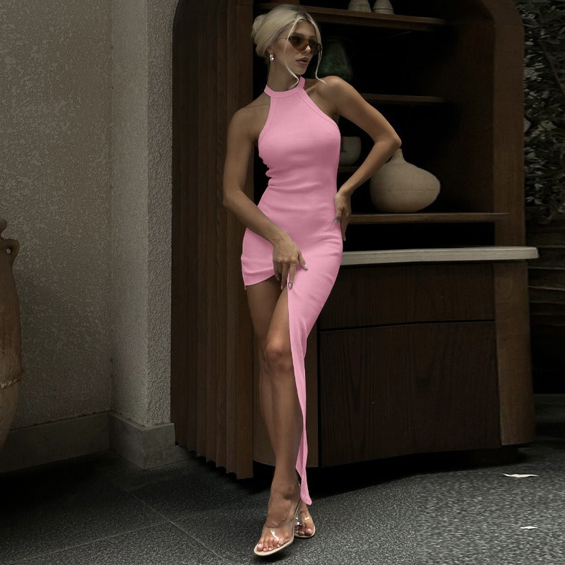 Fashionable and sexy backless split neck sleeveless dress with hanging neck