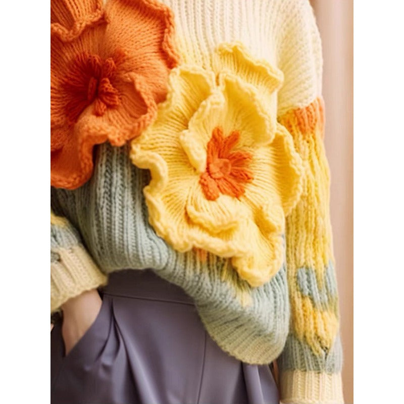 European goods, beautiful heavy industry, lazy style, apricot color, three-dimensional flower knitted sweater, sweater jacket, w