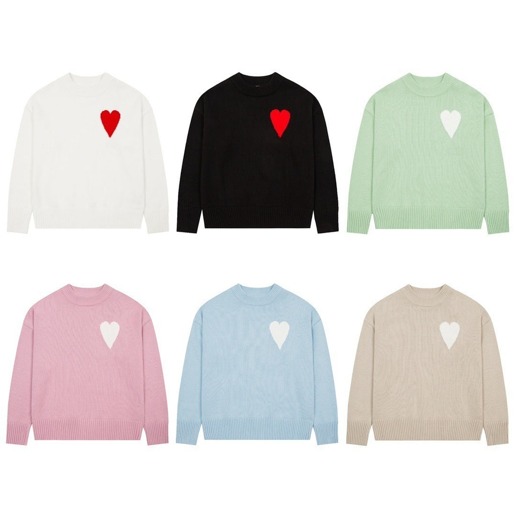 Big heart embroidered round neck sweater casual and versatile