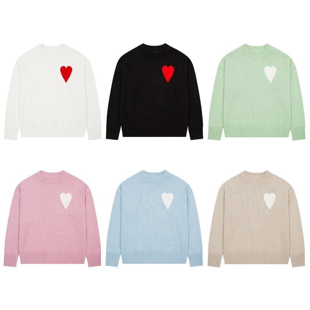 Big heart embroidered round neck sweater casual and versatile