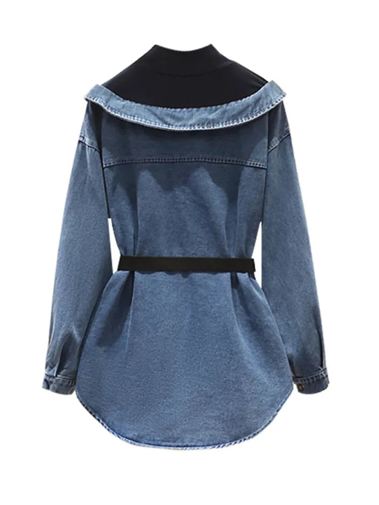 Fashion Women's Fake 2 Pcs Denim Coat Belt Lapel Patchwoek Contrast Color Pockets Slim Jackets Autumn
