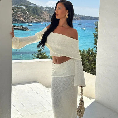 Elegant 2 Pieces Sets For Women Off-shoulder Long Sleeve Crop Top Split Long Skirt Female Solid Slim Suit Summer Lady Beachwear - CHRISTDEST GLOBAL SERVICE