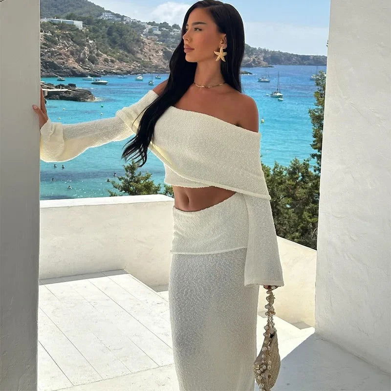 Elegant 2 Pieces Sets For Women Off-shoulder Long Sleeve Crop Top Split Long Skirt Female Solid Slim Suit Summer Lady Beachwear - CHRISTDEST GLOBAL SERVICE