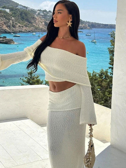 Elegant 2 Pieces Sets For Women Off-shoulder Long Sleeve Crop Top Split Long Skirt Female Solid Slim Suit Summer Lady Beachwear - CHRISTDEST GLOBAL SERVICE