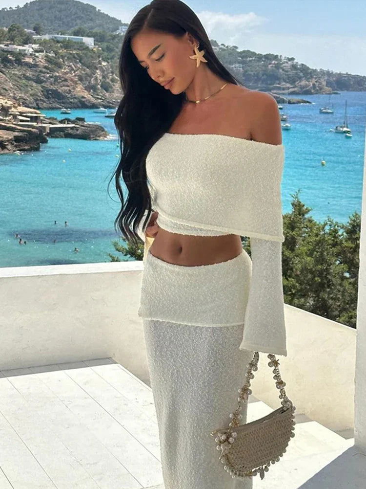Elegant 2 Pieces Sets For Women Off-shoulder Long Sleeve Crop Top Split Long Skirt Female Solid Slim Suit Summer Lady Beachwear - CHRISTDEST GLOBAL SERVICE
