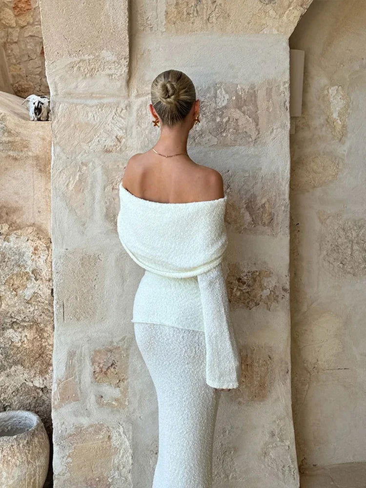 Elegant 2 Pieces Sets For Women Off-shoulder Long Sleeve Crop Top Split Long Skirt Female Solid Slim Suit Summer Lady Beachwear - CHRISTDEST GLOBAL SERVICE