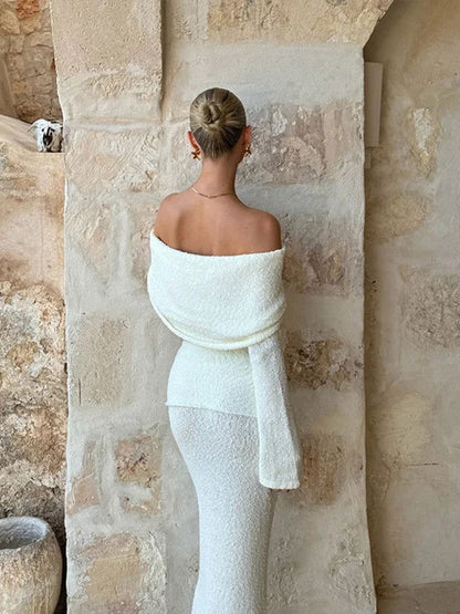 Elegant 2 Pieces Sets For Women Off-shoulder Long Sleeve Crop Top Split Long Skirt Female Solid Slim Suit Summer Lady Beachwear - CHRISTDEST GLOBAL SERVICE