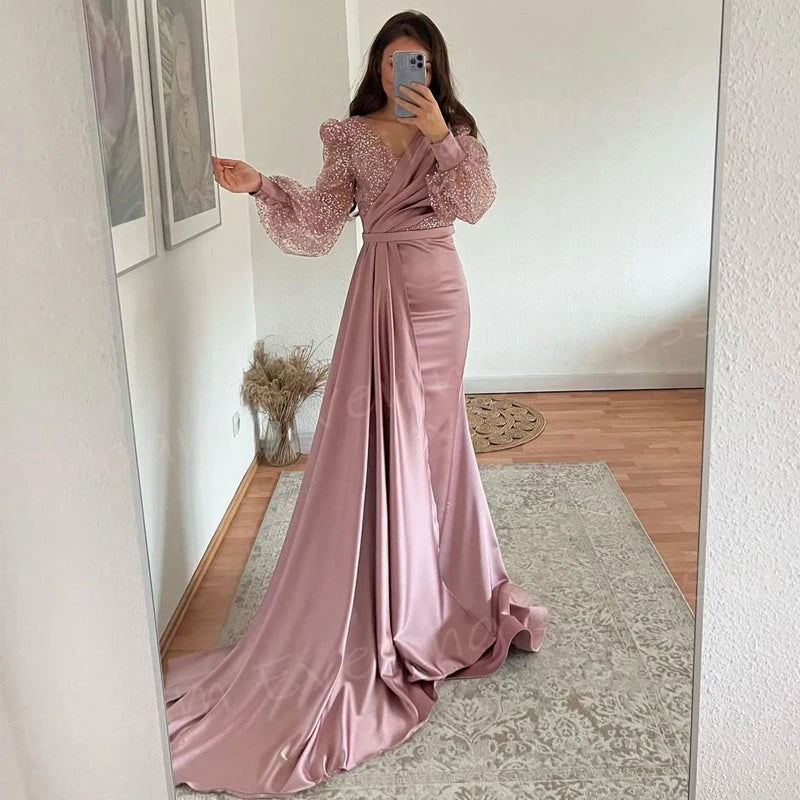 Elegant Pretty Pink Mermaid Beautiful Women's Evening Dresses Generous Long Sleeve Pleated Prom Gowns Formal Party Abiye Elbise - CHRISTDEST GLOBAL SERVICE