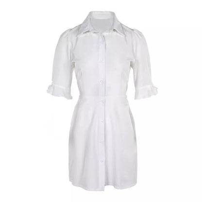 Elegant Pure Color Slimming Tight Waist Petal Sleeve Shirt A- Line Skirt - CHRISTDEST GLOBAL SERVICE
