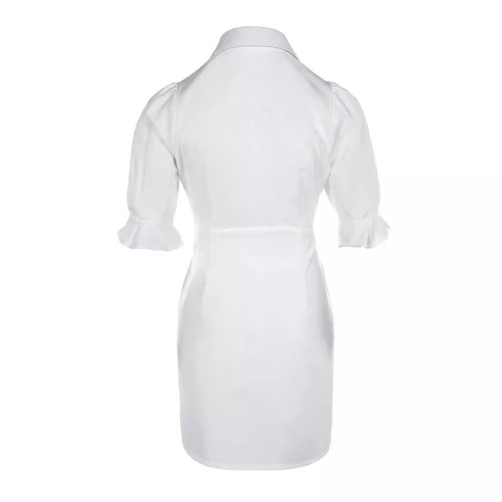 Elegant Pure Color Slimming Tight Waist Petal Sleeve Shirt A- Line Skirt - CHRISTDEST GLOBAL SERVICE