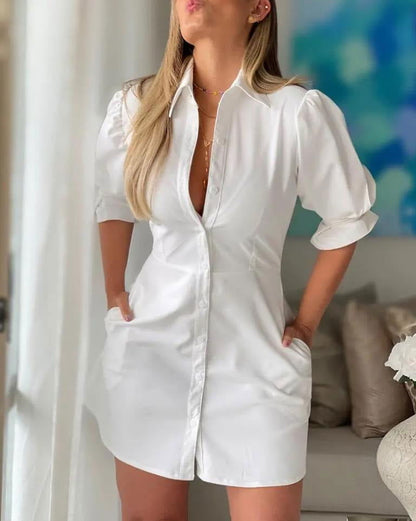 Elegant Pure Color Slimming Tight Waist Petal Sleeve Shirt A- Line Skirt - CHRISTDEST GLOBAL SERVICE