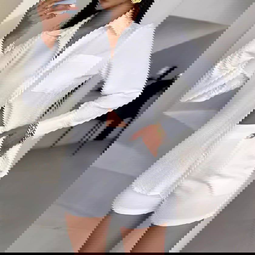 Elegant Solid Color Pocket Long Sleeve Shirt Shorts Suit - CHRISTDEST GLOBAL SERVICE