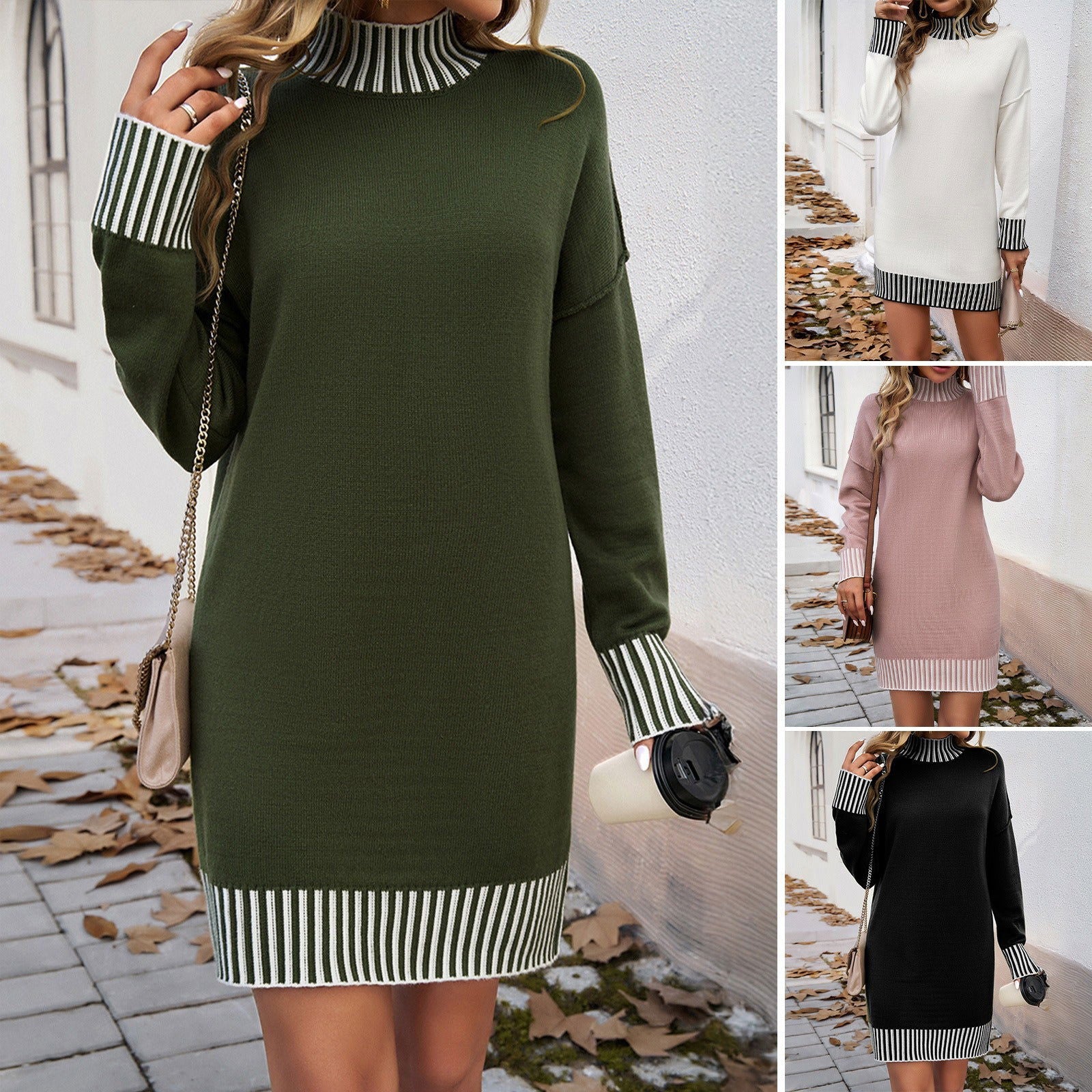 European and American autumn and winter women's clothing temperament casual contrasting color spliced sweater dress - CHRISTDEST GLOBAL SERVICE
