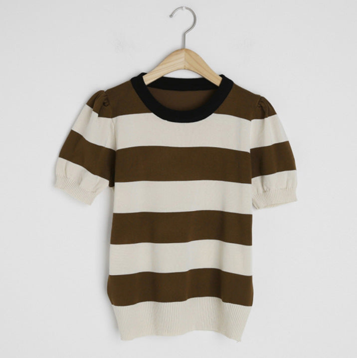 Summer Korean Knitted Striped T Shirts Tops Women Short Sleeve O-neck Casual Fashion Female Tees Pullovers T-shirts