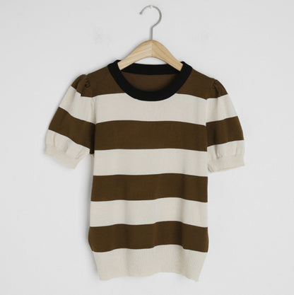 Summer Korean Knitted Striped T Shirts Tops Women Short Sleeve O-neck Casual Fashion Female Tees Pullovers T-shirts