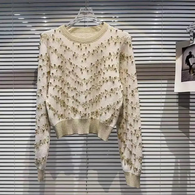 Gekralen gouden draad gebreide trui pullover dames vintage stijlvolle elegante chique tops herfst winter lange mouw o-hals truien 