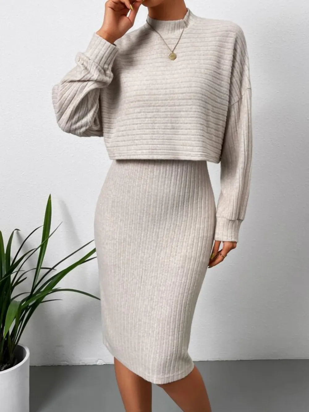 Neck Long Sleeve Top and Wide Strap Dress Set
