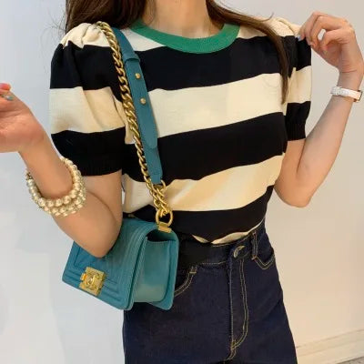 Summer Korean Knitted Striped T Shirts Tops Women Short Sleeve O-neck Casual Fashion Female Tees Pullovers T-shirts