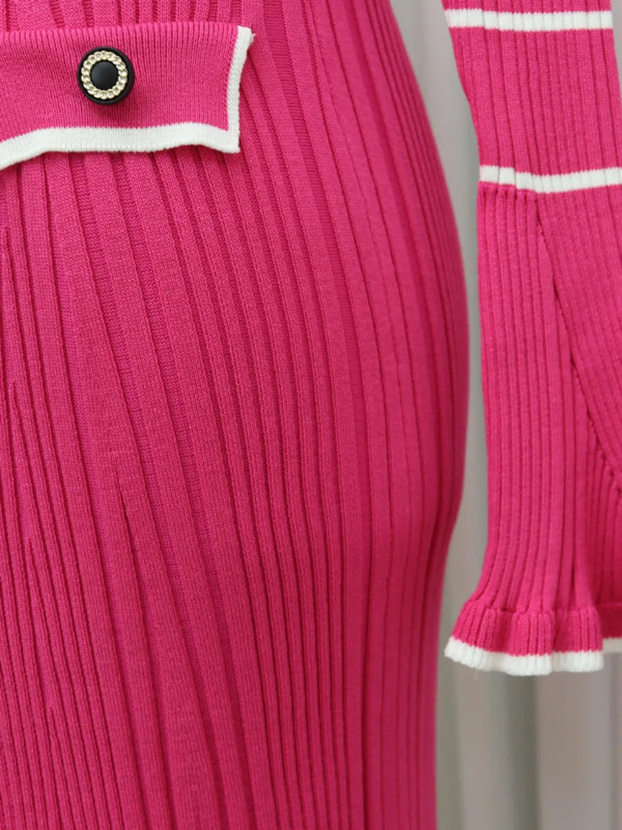 Doll collar X-shaped single breasted solid color long knit
