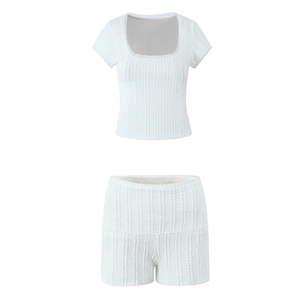 Jacquard lace square collar top+lace lace lace shorts