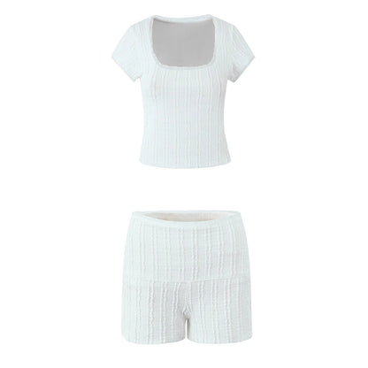Jacquard lace square collar top+lace lace lace shorts