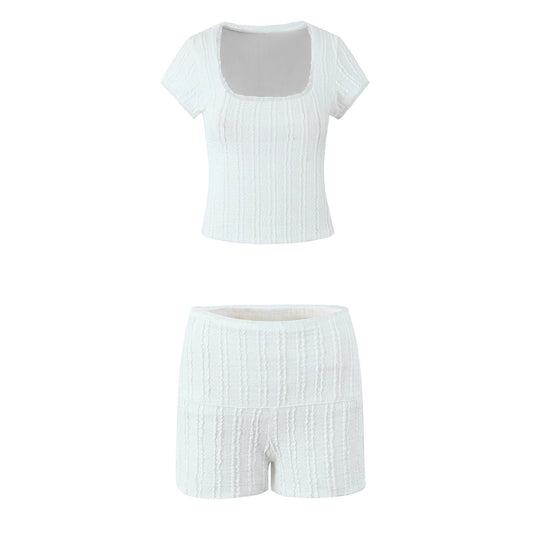 Jacquard lace square collar top+lace lace lace shorts