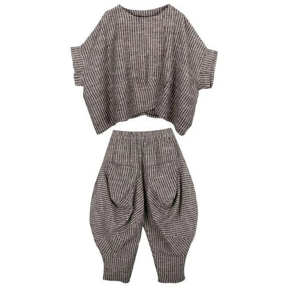 Summer New Women's Suits Art Stripe Short Sleeve T-shirt Loose Top Women's Knickerbockers Casual Pants Two Piece Sets