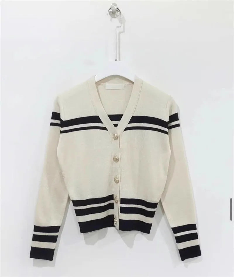 Korean Striped Knit Sweater Cardigan Women Long Sleeve V-neck Knitwear Tops   Autumn Workwear Elegant Fashion Ladies Jumpers