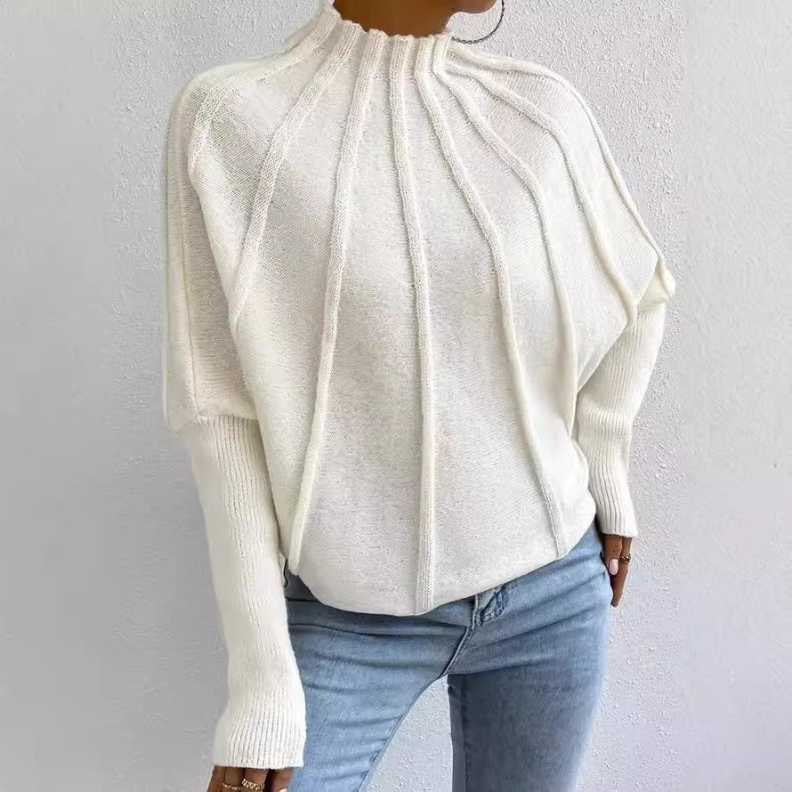 European and American semi high neck solid color versatile knitted pullover bat sleeve sweater for women